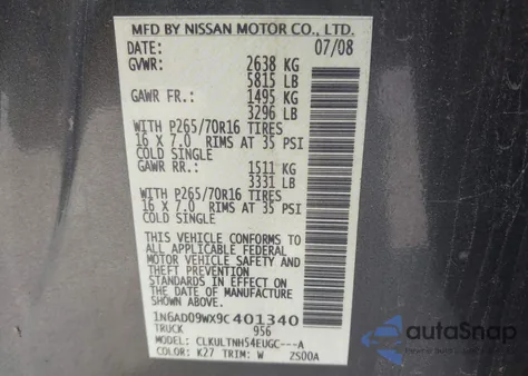 2009 Nissan Frontier Se z USA, uszkodzony, nr VIN 1N6AD09WX9C401340